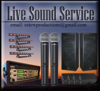 Live Sound Service kits by E Stew Productions. Chauvet Colorbands (top left), Beta 58A Wireless Mics, Peavey SP4s with 3-way crossover and dual 15" woofers (top right), 4 Mackie Thumps (bottom right), Vocal processing rack (bottom left) 2x channels of Antares Auto-Tune and a dual FX engine. Vocal processors also include a great dynamic compression and de-esser combo, with presets dialed to match Stewdio settings
